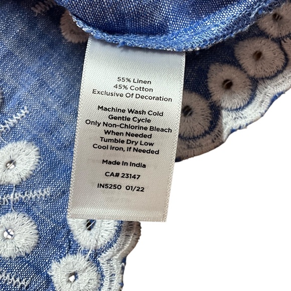 TALBOTS Linen Cotton Blend Chambray Embroidered Flared Top Tie Sleeves US Sz 2X - Picture 8 of 9